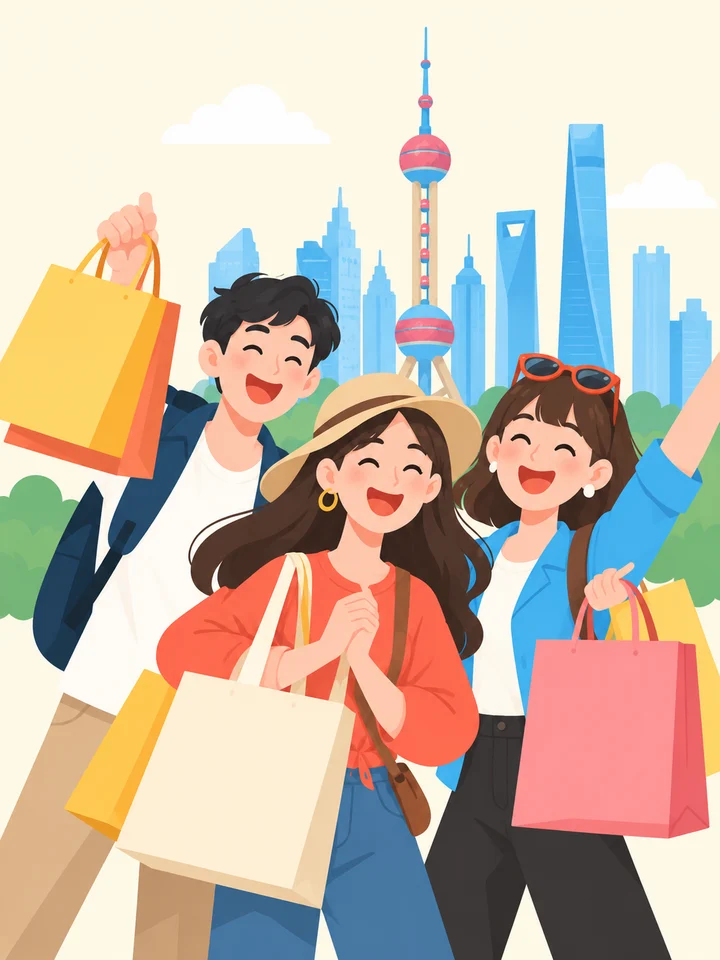 Illustration of three travellers carrying shopping bags in Shanghai